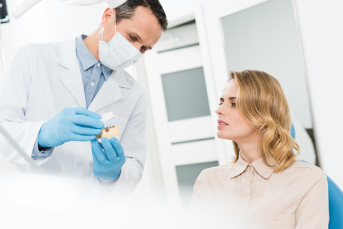 dentist showing teeth model patient